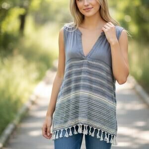 Dylan Tassel Tank Womens Large Blue & White Mixed Print Boho V-Neck Western Top